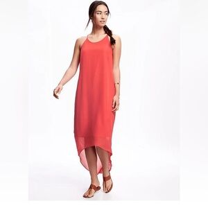 Old Navy Chiffon Maxi Dress Sz PS Elegant Coral Hi/Low Hem Trapeze Style Strappy